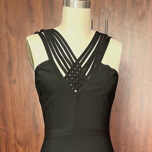 Sleek Black Cocktail Dress with Lattice Strap Detail